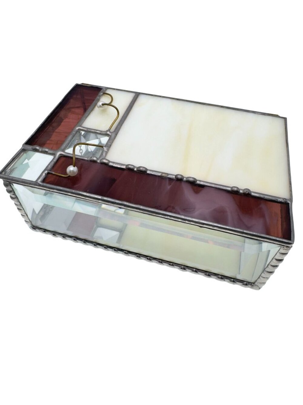 Stained Glass Trinket Jewelry Box Geometric Purple Clear Panels 6.5" Mirror Vtg